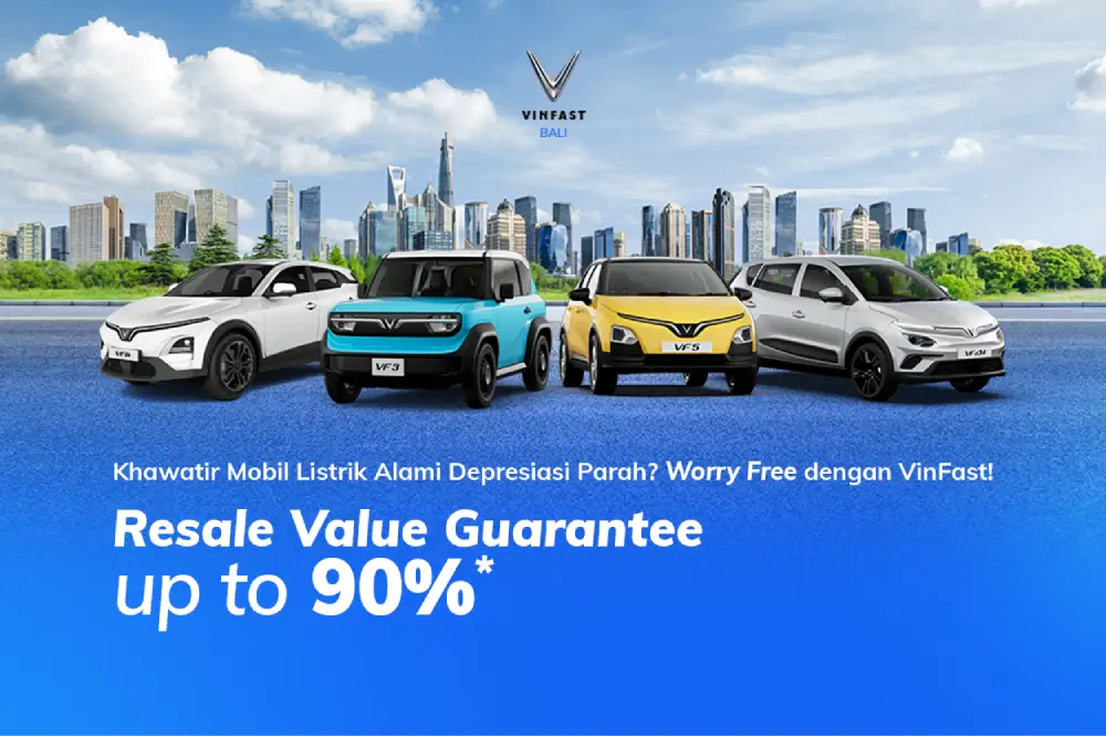 Lini mobil listrik VinFast Bali, termasuk VF e34, VF 3, dan VF 5, dengan promo program Resale Value Guarantee (RVG) sebagai solusi depresiasi.
