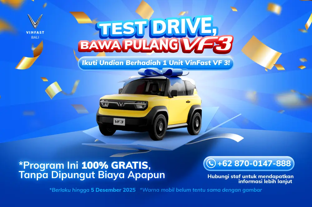 Poster promo test drive VinFast VF 3 di Bali, ikuti undian berhadiah 1 unit mobil listrik VF 3 gratis.