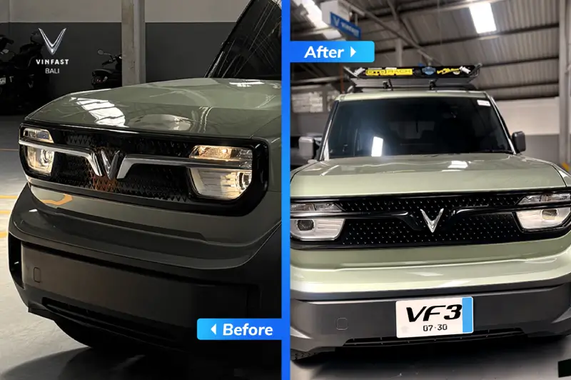 Perbandingan grille depan VinFast VF 3 sebelum dan sesudah dimodifikasi. Aksen chrome pada logo V dan bingkai lampu diubah menjadi hitam pekat (black-out).