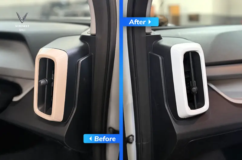 Perbandingan trim AC VinFast VF 3 sebelum (coklat) dan sesudah (putih glossy) modifikasi.