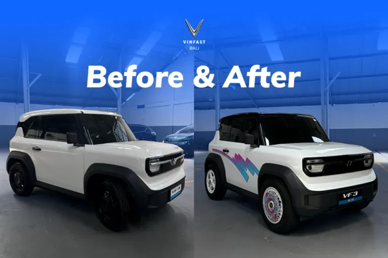 Perbandingan VinFast VF 3 sebelum (putih polos, velg hitam) dan sesudah (atap hitam, stiker samping, velg putih retro) dimodifikasi.