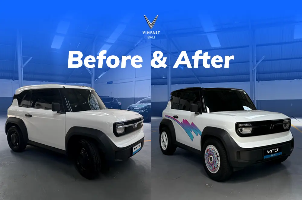 Perbandingan VinFast VF 3 sebelum (putih polos, velg hitam) dan sesudah (atap hitam, stiker samping, velg putih retro) dimodifikasi.