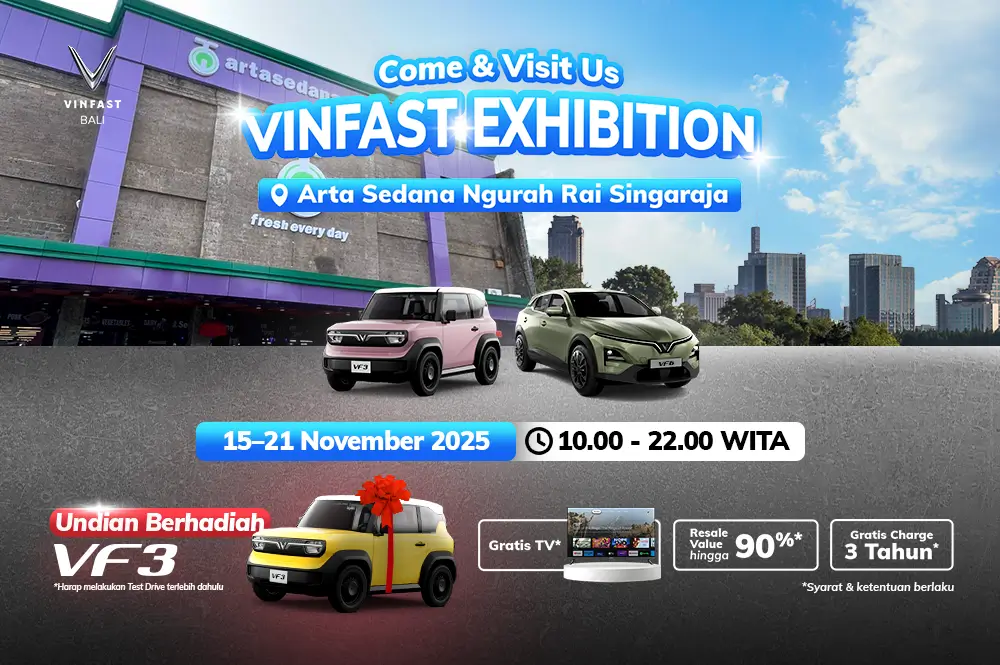 Banner Pameran Mobil Listrik VinFast di Singaraja 15-21 November 2025, mengumumkan promo undian berhadiah mobil VF 3, gratis TV, dan gratis cas 3 tahun.