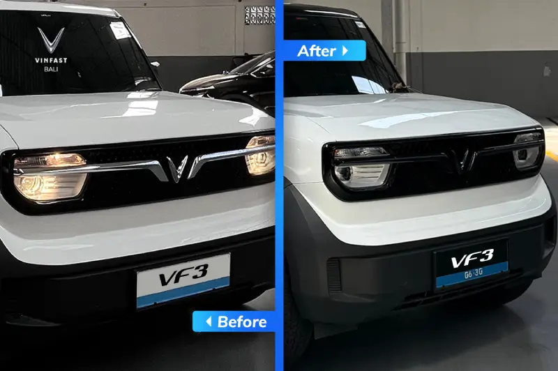 Bagian depan VinFast VF 3 sebelum (garis silver) dan sesudah (garis headlamp hitam) dimodifikasi.
