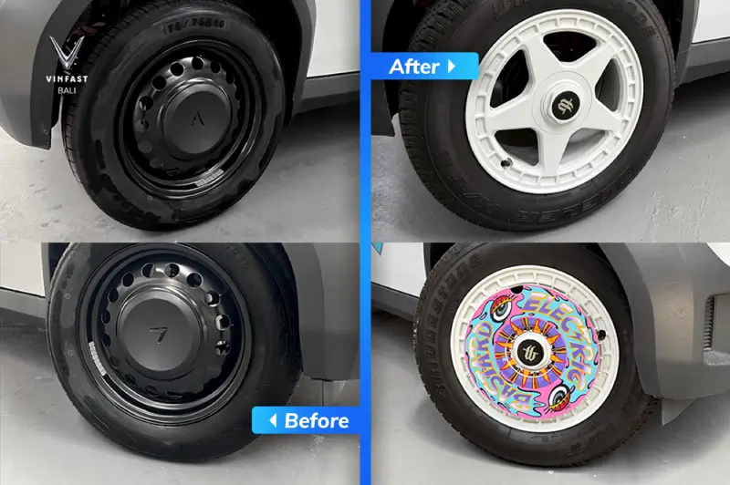 Velg VinFast VF 3 sebelum (hitam polos) dan sesudah (velg putih retro dengan desain kustom) dimodifikasi.