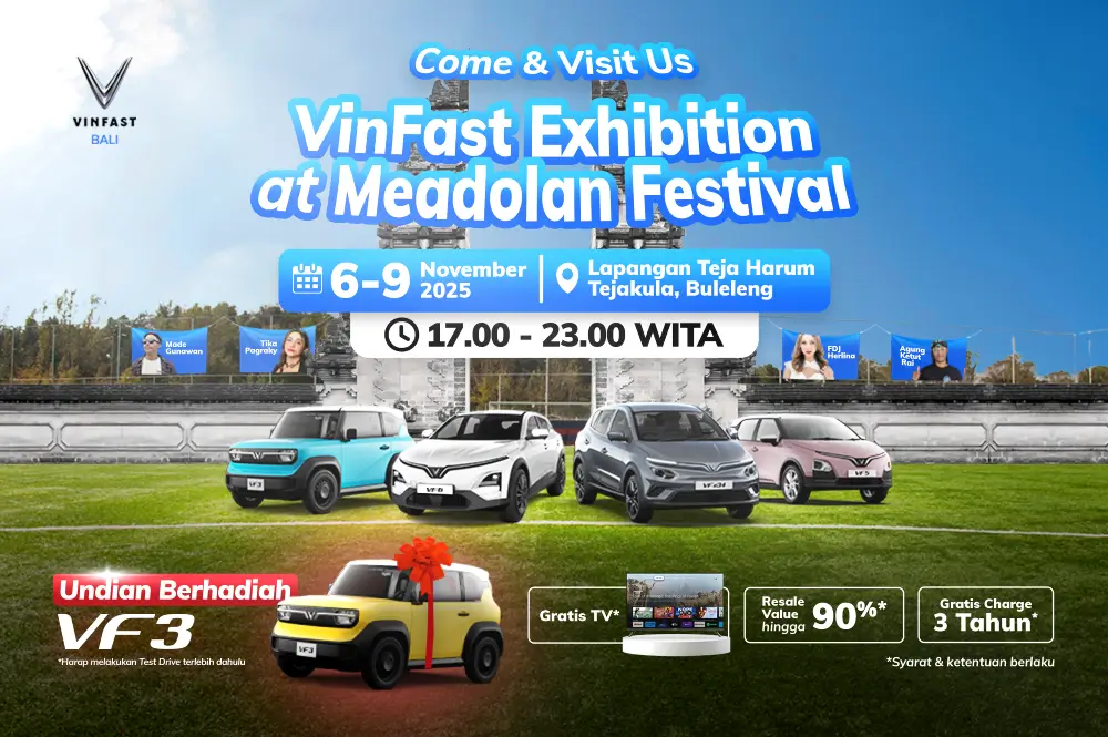 Poster acara VinFast Exhibition di Meadolan Festival Buleleng, 6-9 November 2025, dengan promo utama Undian Berhadiah VF 3.