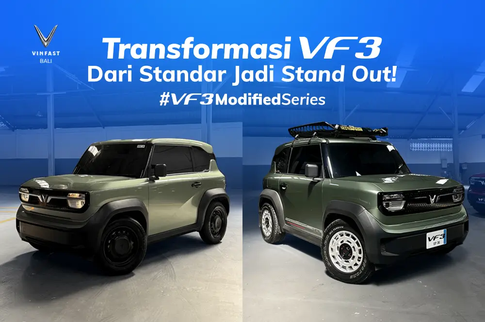 Perbandingan bersanding mobil listrik VinFast VF 3 versi standar (kiri) dan versi yang sudah dimodifikasi bergaya rally look dengan velg putih dan roof rack (kanan) di Bali.
