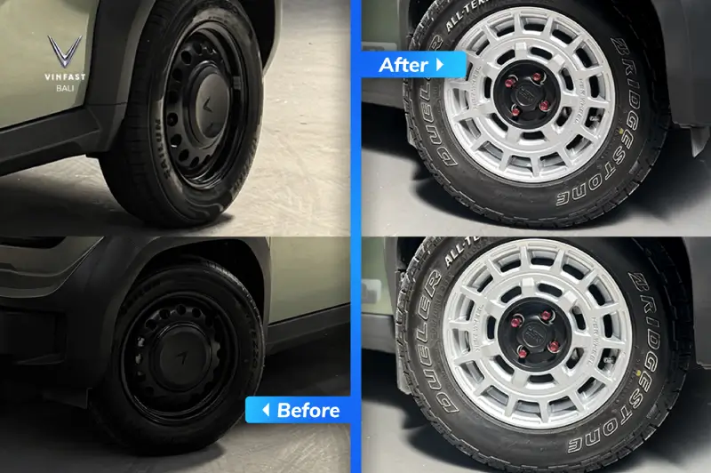 Foto before-after perubahan roda VinFast VF 3. Kiri: velg kaleng hitam standar. Kanan: velg rally warna putih dengan ban offroad all-terrain Bridgestone.