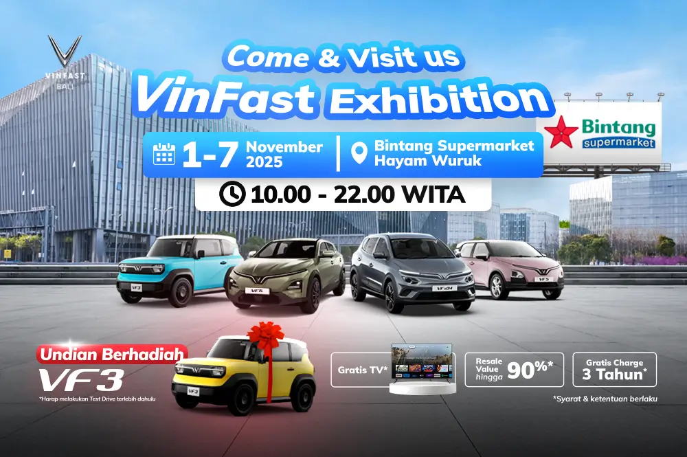Poster resmi Pameran VinFast Bali di Bintang Supermarket Hayam Wuruk 1-7 November 2025, menyoroti promo undian berhadiah mobil VF3, gratis charge 3 tahun, dan gratis TV