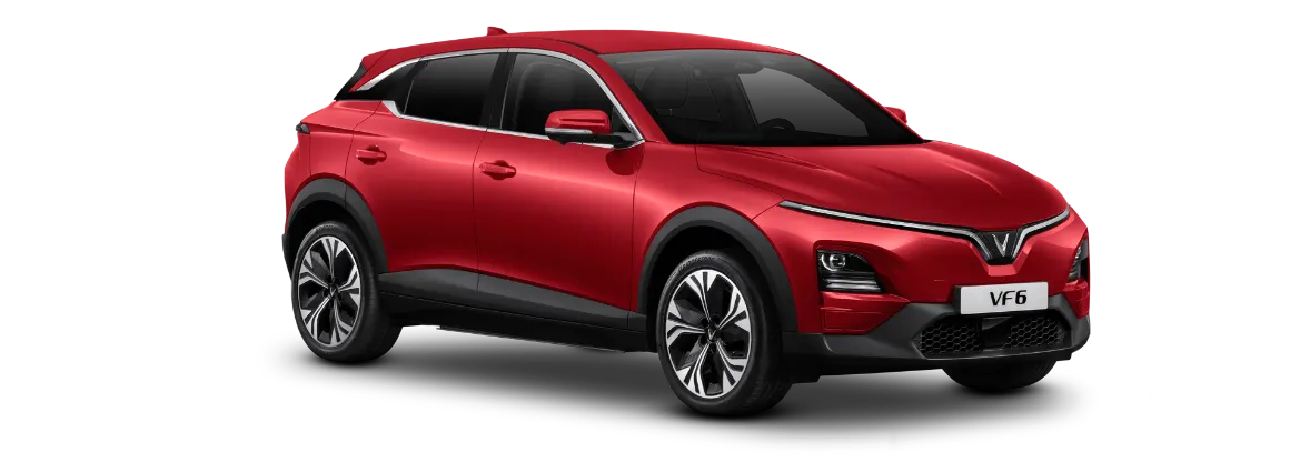 VinFast VF 6 warna Crimson Red, SUV listrik sporty dengan tampilan mewah dan fitur ramah lingkungan yang memberikan pengalaman berkendara dinamis.