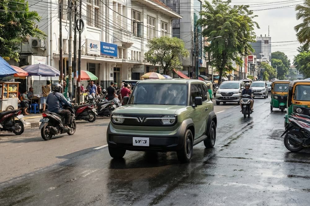 mobil listrik vinfast di kemacetan jalanan perkotaan