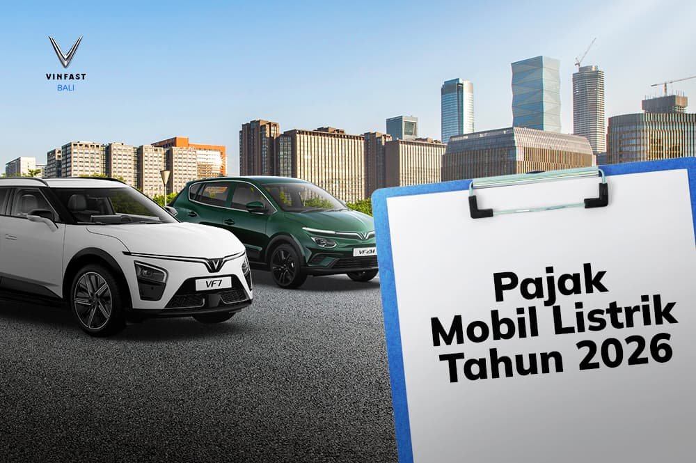 Dua mobil listrik VinFast (putih & hijau) dengan latar belakang kota, menyoroti informasi pajak mobil listrik 2026.