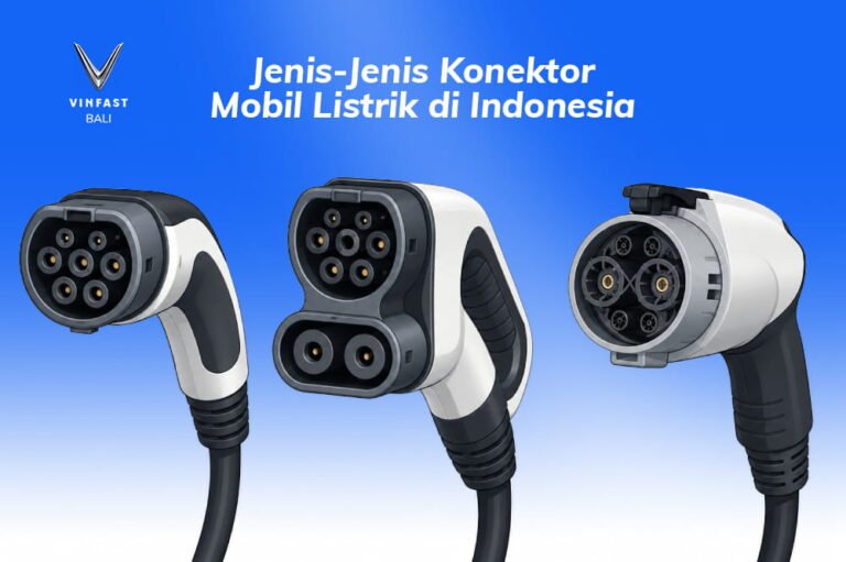 Ilustrasi tiga jenis konektor mobil listrik di Indonesia dengan latar belakang biru.