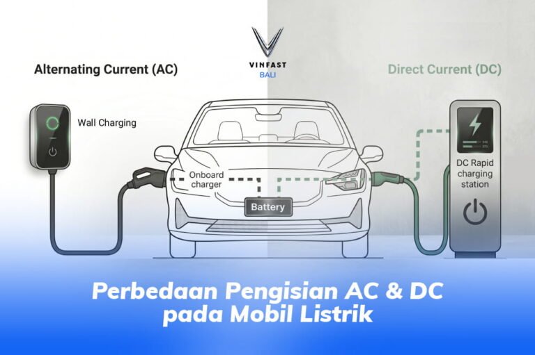Infografis perbedaan pengisian AC & DC pada mobil listrik yang menunjukkan skema Wall Charging dan DC Rapid Charging.