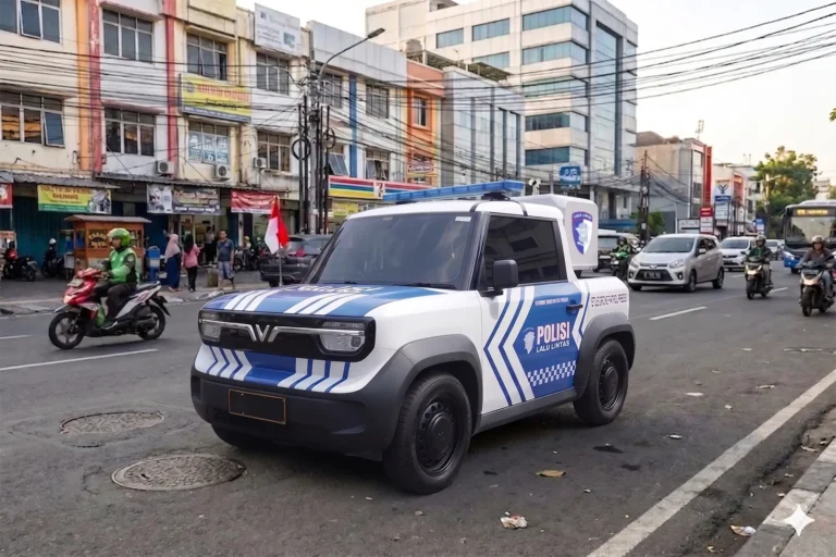 Kendaraan dinas baru Korlantas Polri, VinFast VF 3 listrik yang dimodifikasi, menampilkan livery biru putih polantas dan logo Korlantas Polri, siap mendukung patroli drone