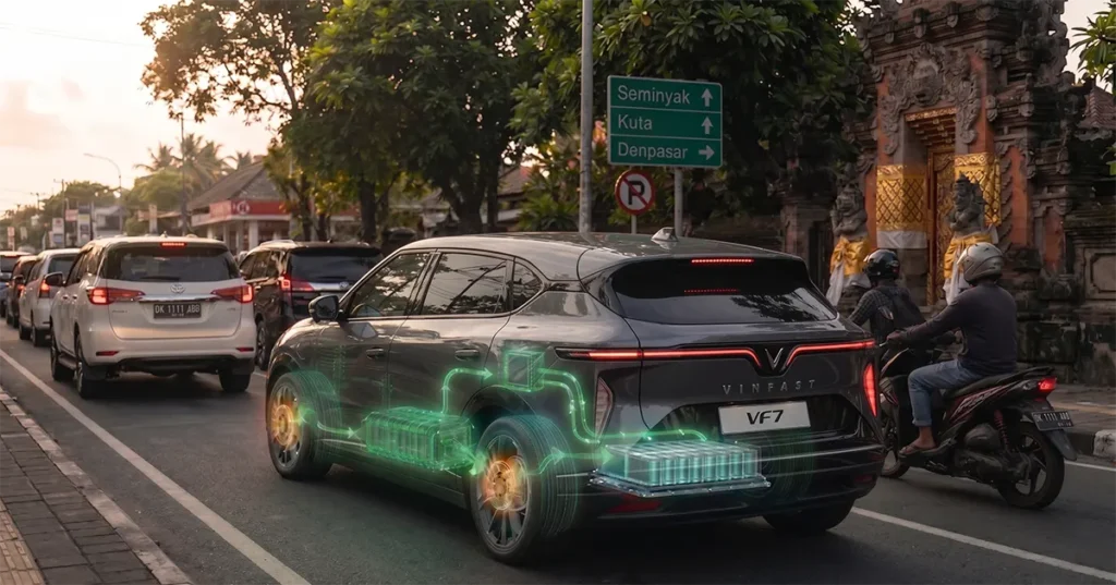 Ilustrasi regenerative braking pada mobil listrik EV di jalan Bali