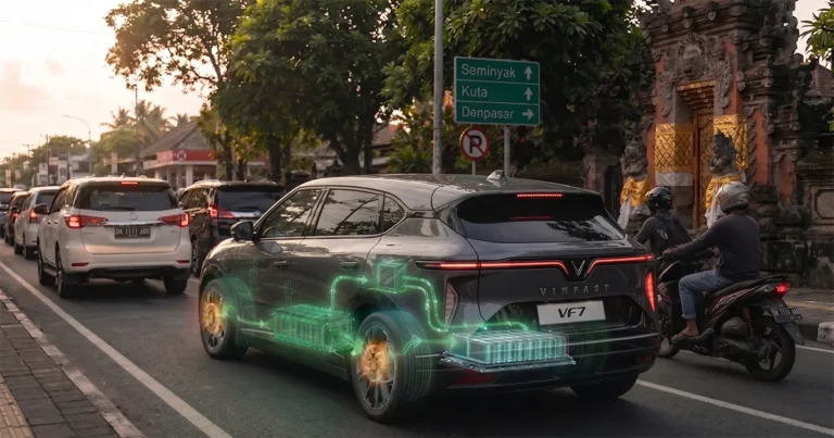 Ilustrasi regenerative braking pada mobil listrik EV di jalan Bali