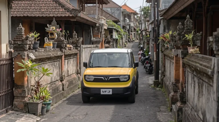 mobil listrik kecil vinfast vf 3 di gang sempit perumahan Bali