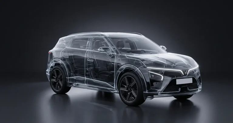 Ilustrasi 3D mobil SUV listrik transparan menggambarkan fitur keamanan mobil listrik
