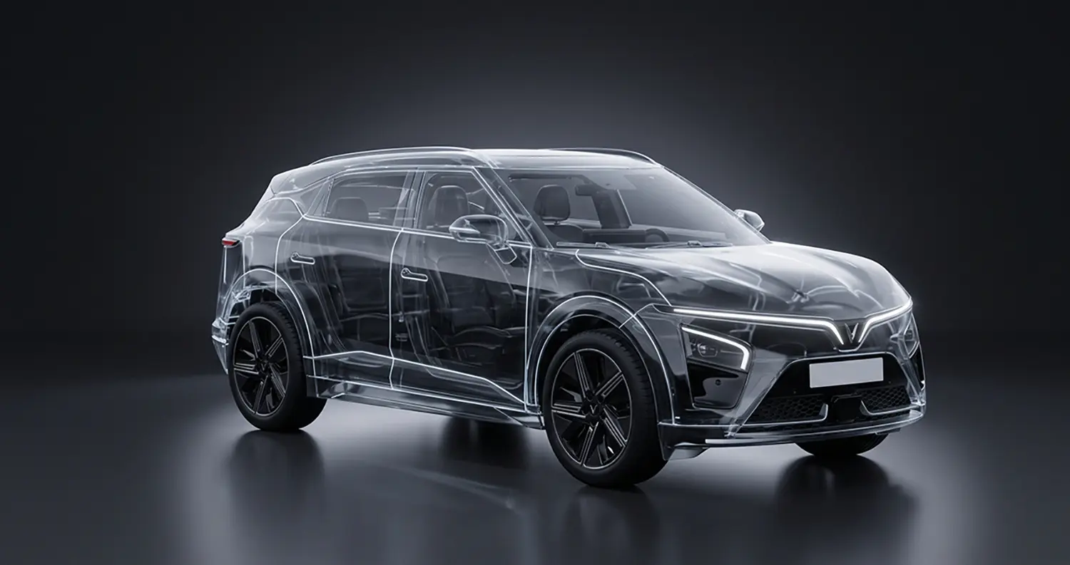 Ilustrasi 3D mobil SUV listrik transparan menggambarkan fitur keamanan mobil listrik